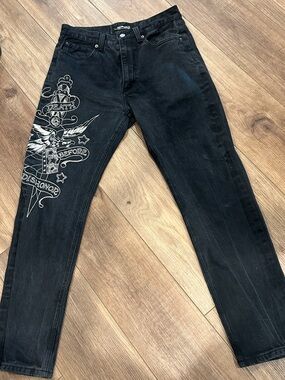 Ed Hardy Straight Jeans Mens 32 Black Denim Death Before Dishonor Mid Rise